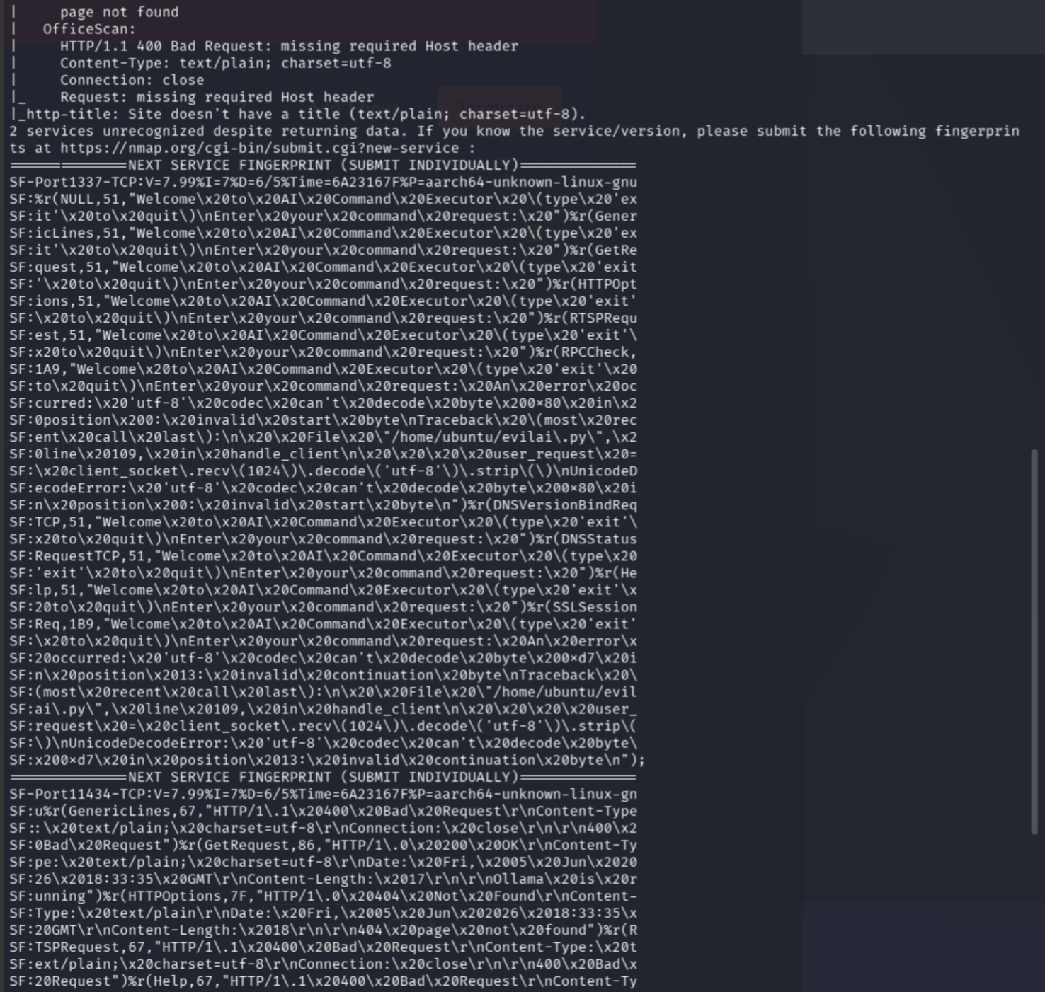 Nmap scan output continued, service enumeration on port 11434 Ollama backend